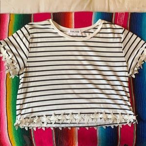 Stipe Crop Top with Flower Lace Trim